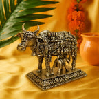Brass Kamdhenu Cow with Calf Engraved Gods and Goddesses Lightweight Idol (3.5 Inch) Vedansh Craft