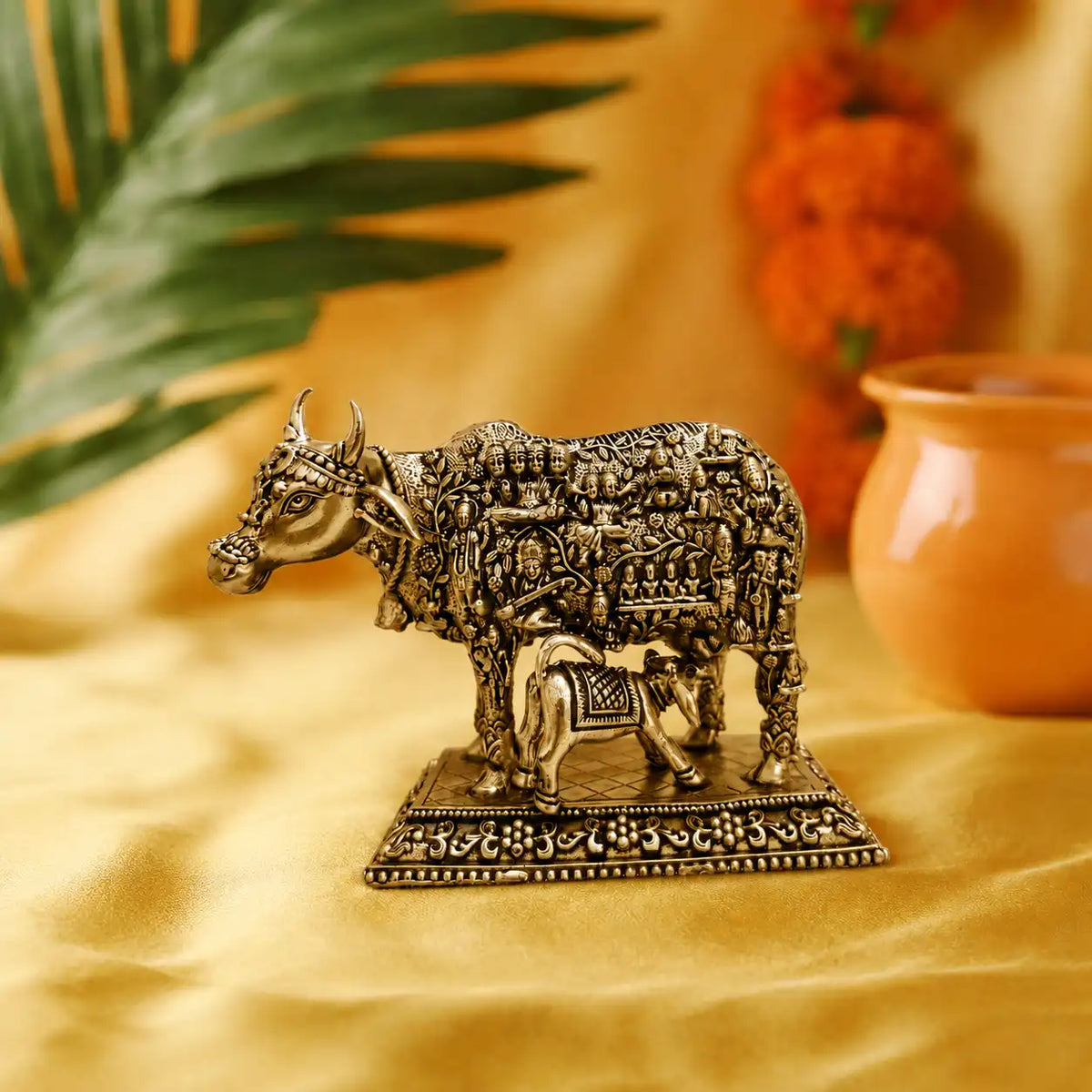 Brass Kamdhenu Cow with Calf Engraved Gods and Goddesses Lightweight Idol (3.5 Inch) Vedansh Craft