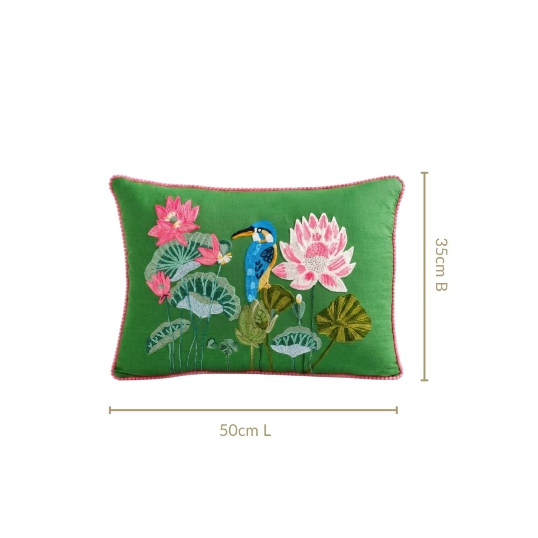 Kingfisher Pond Embroidered Cotton Cushion Cover 50x35cm Nestasia