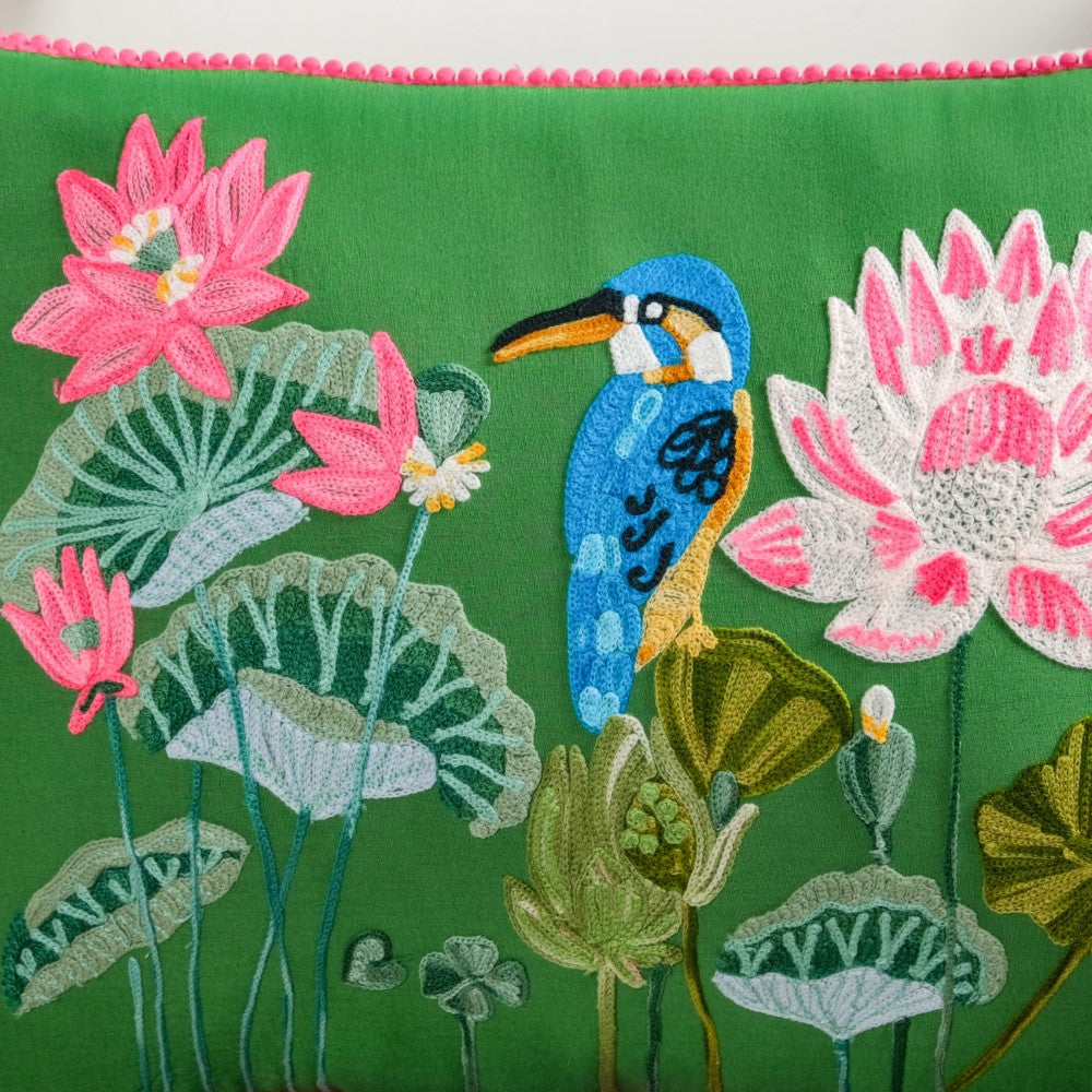 Kingfisher Pond Embroidered Cotton Cushion Cover 50x35cm Nestasia