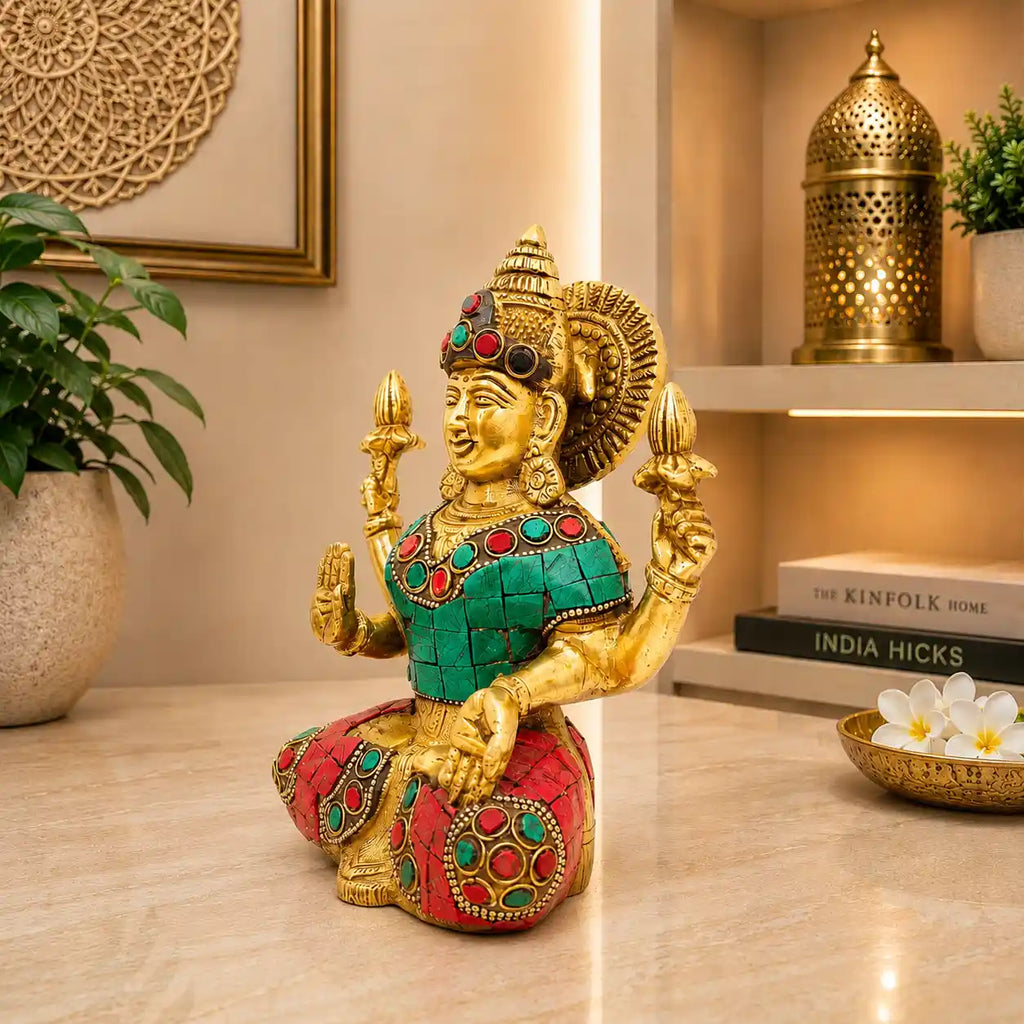 Brass Stone Work Goddess Sitting Lakshmi Idol (6.5 Inch) Vedansh Craft