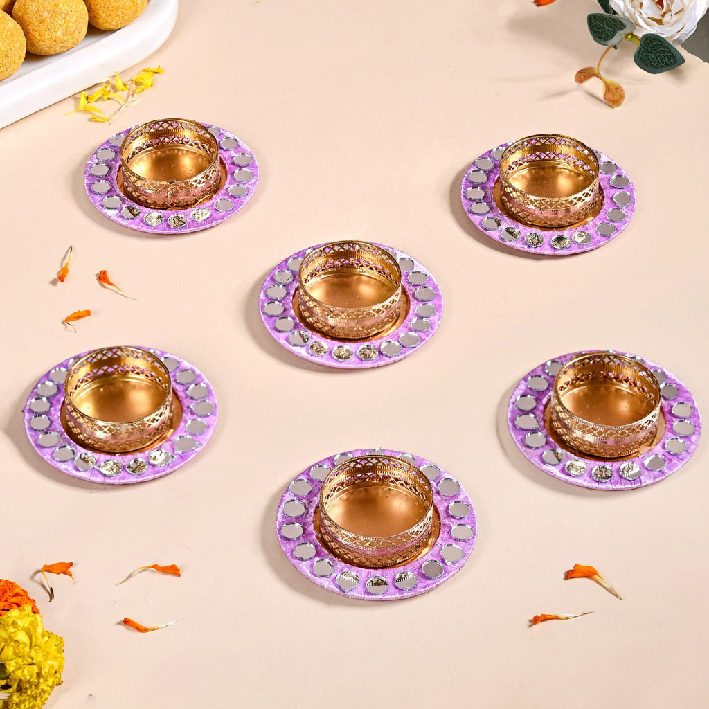 Lavender Tealight Holders With Mirror Decoration Set Of 6 Nestasia