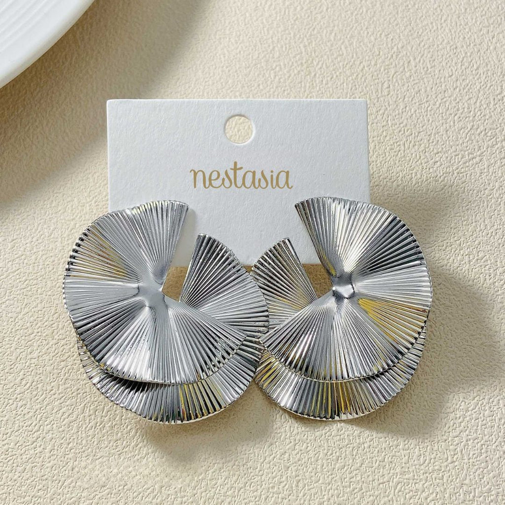 Layered Lily Pads Statement Earrings Silver Nestasia