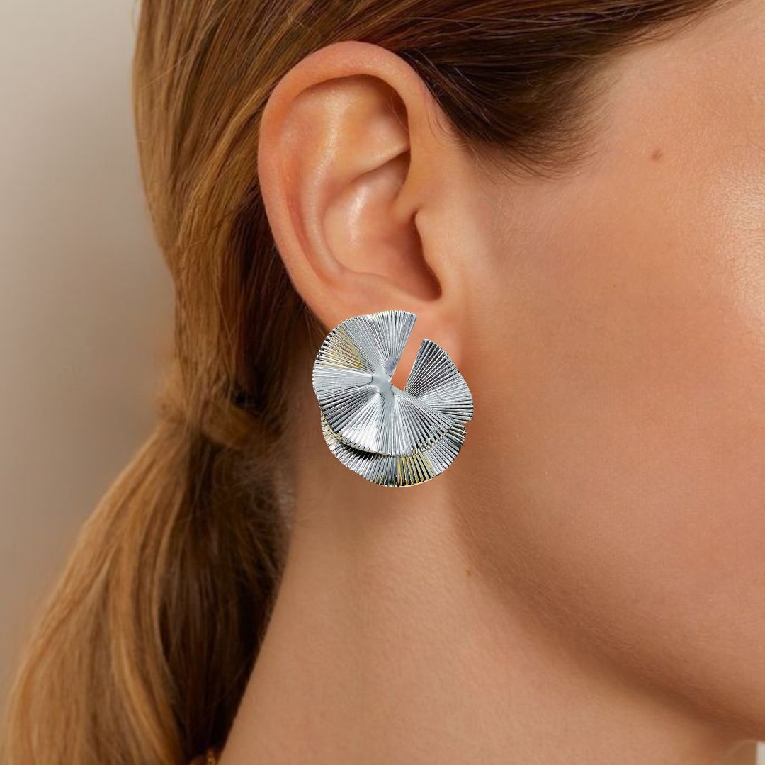 Layered Lily Pads Statement Earrings Silver Nestasia