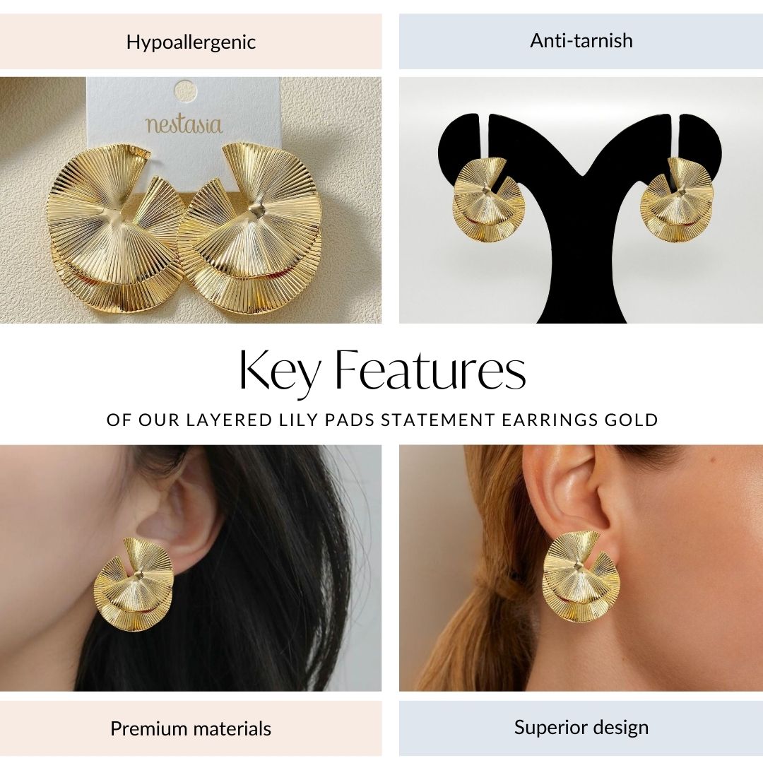 Layered Lily Pads Statement Earrings Gold Nestasia