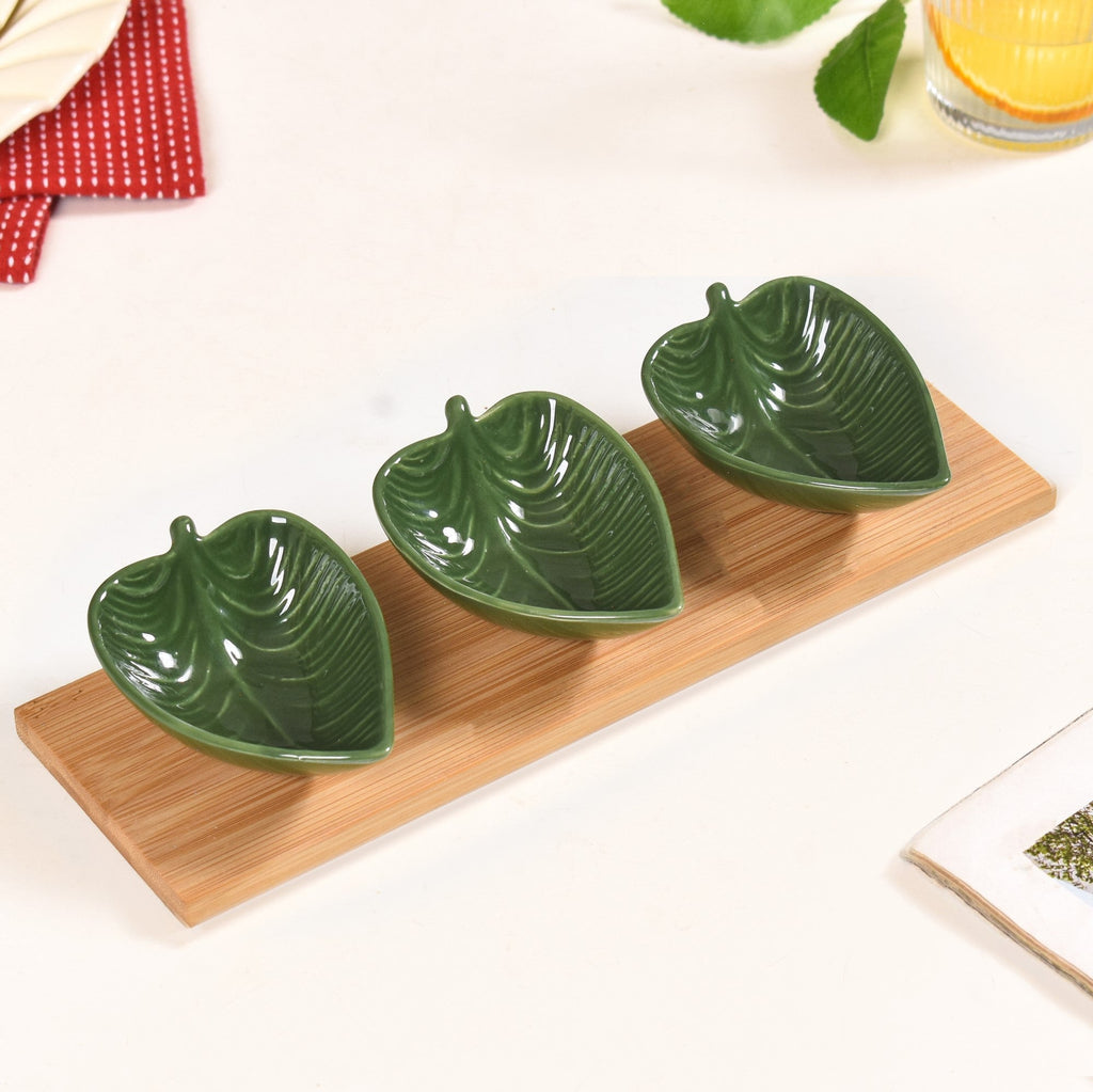 Green Leaf Ceramic Platter Set Of 3 50ml Nestasia