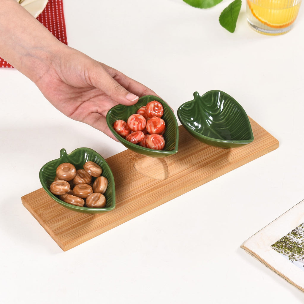 Green Leaf Ceramic Platter Set Of 3 50ml Nestasia