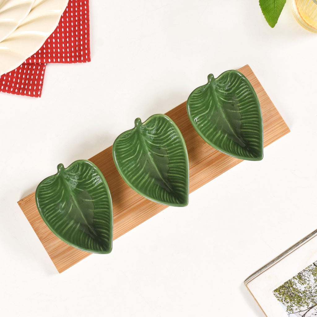 Green Leaf Ceramic Platter Set Of 3 50ml Nestasia