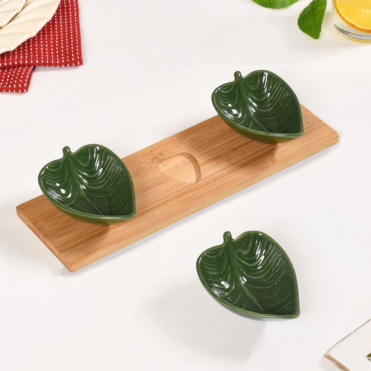 Green Leaf Ceramic Platter Set Of 3 50ml Nestasia