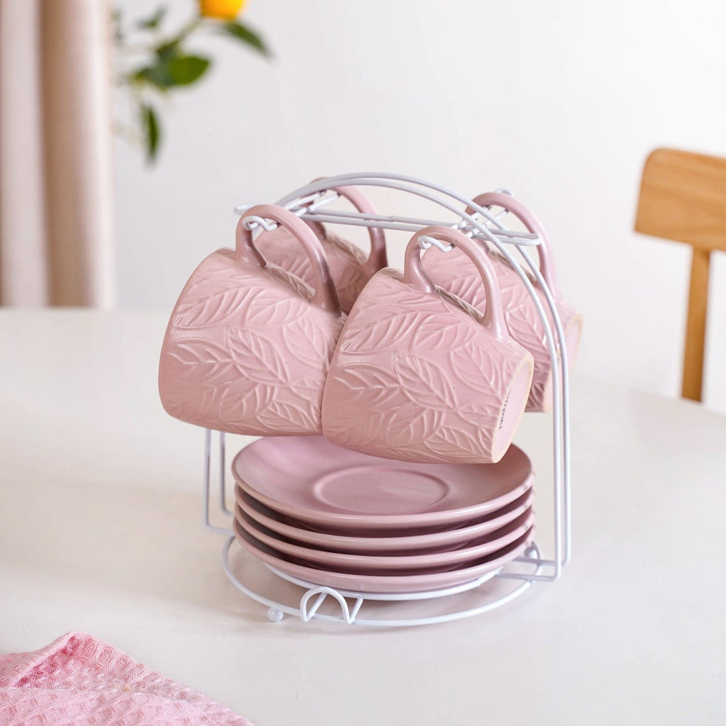 Leaf Embossed Cup And Saucer Set Of 4 With Stand 200ml Nestasia