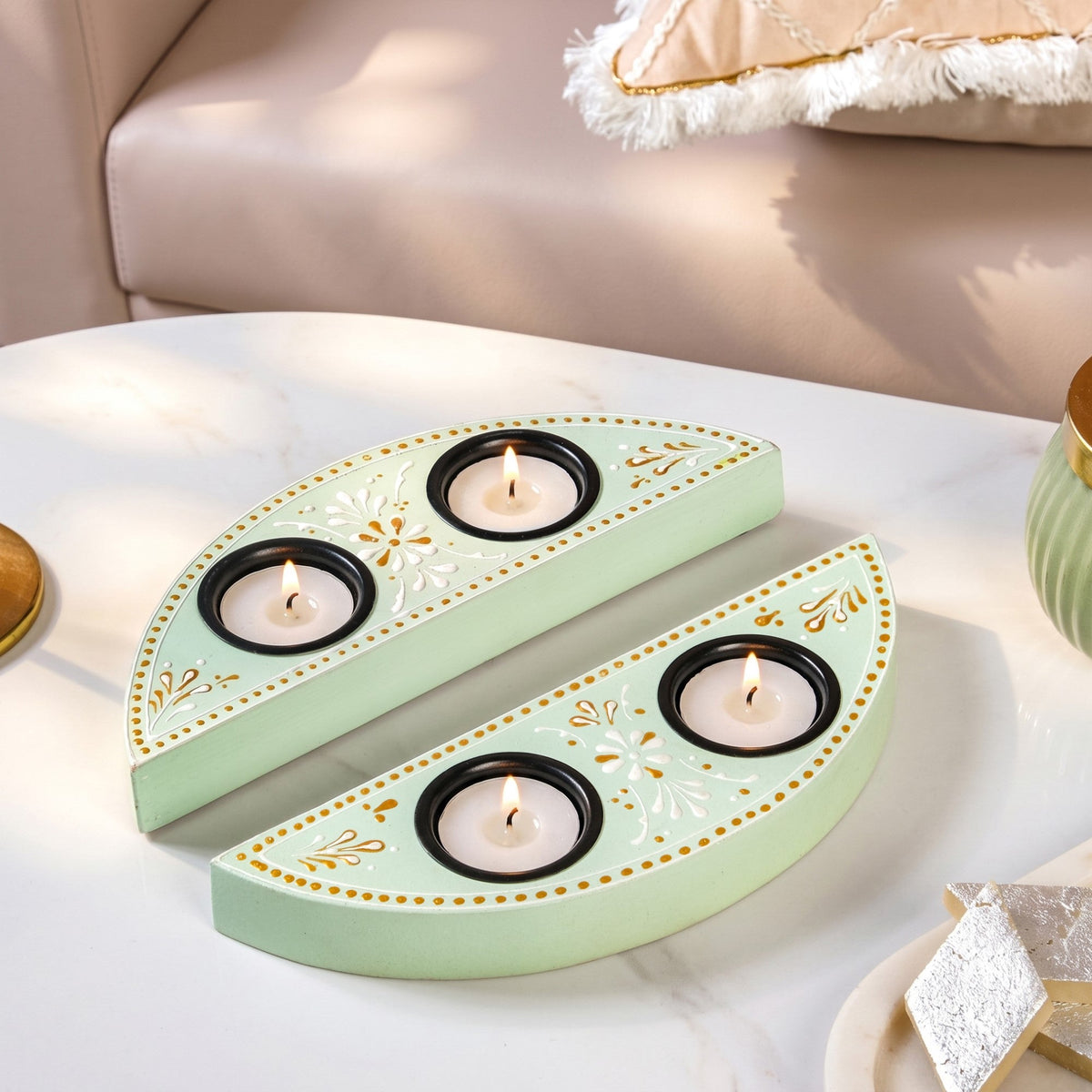 Linea Handpainted Tealight Holder With Candles Set Of 2 Nestasia