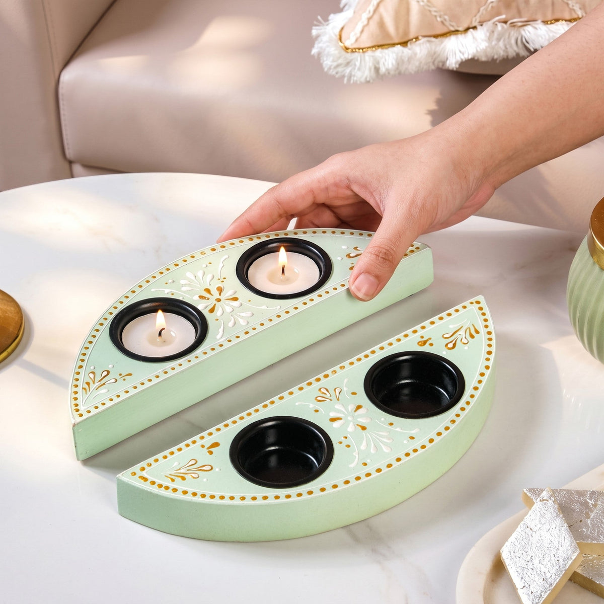 Linea Handpainted Tealight Holder With Candles Set Of 2 Nestasia