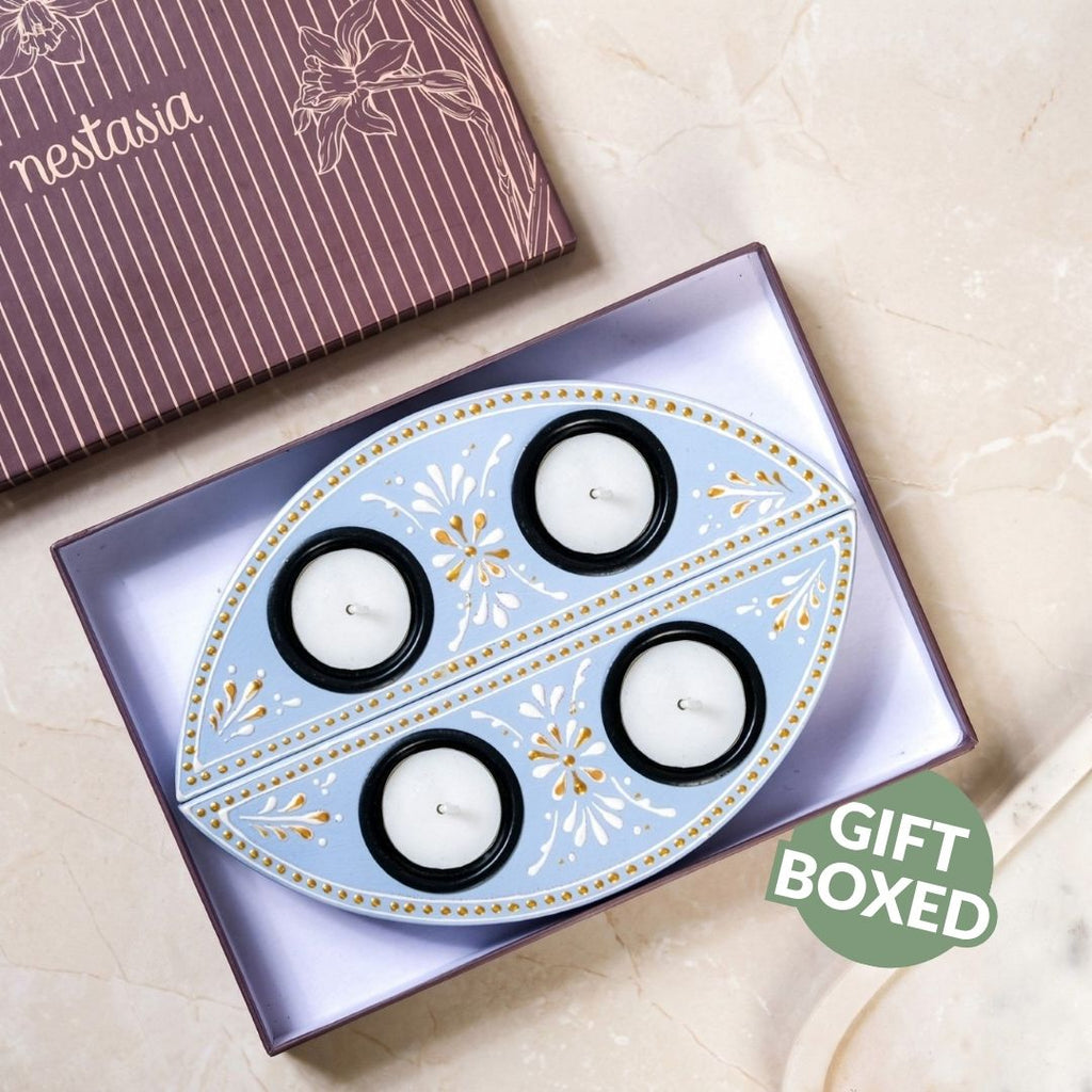 Linea Wooden Tealight Holder Blue Set Of 2 Nestasia