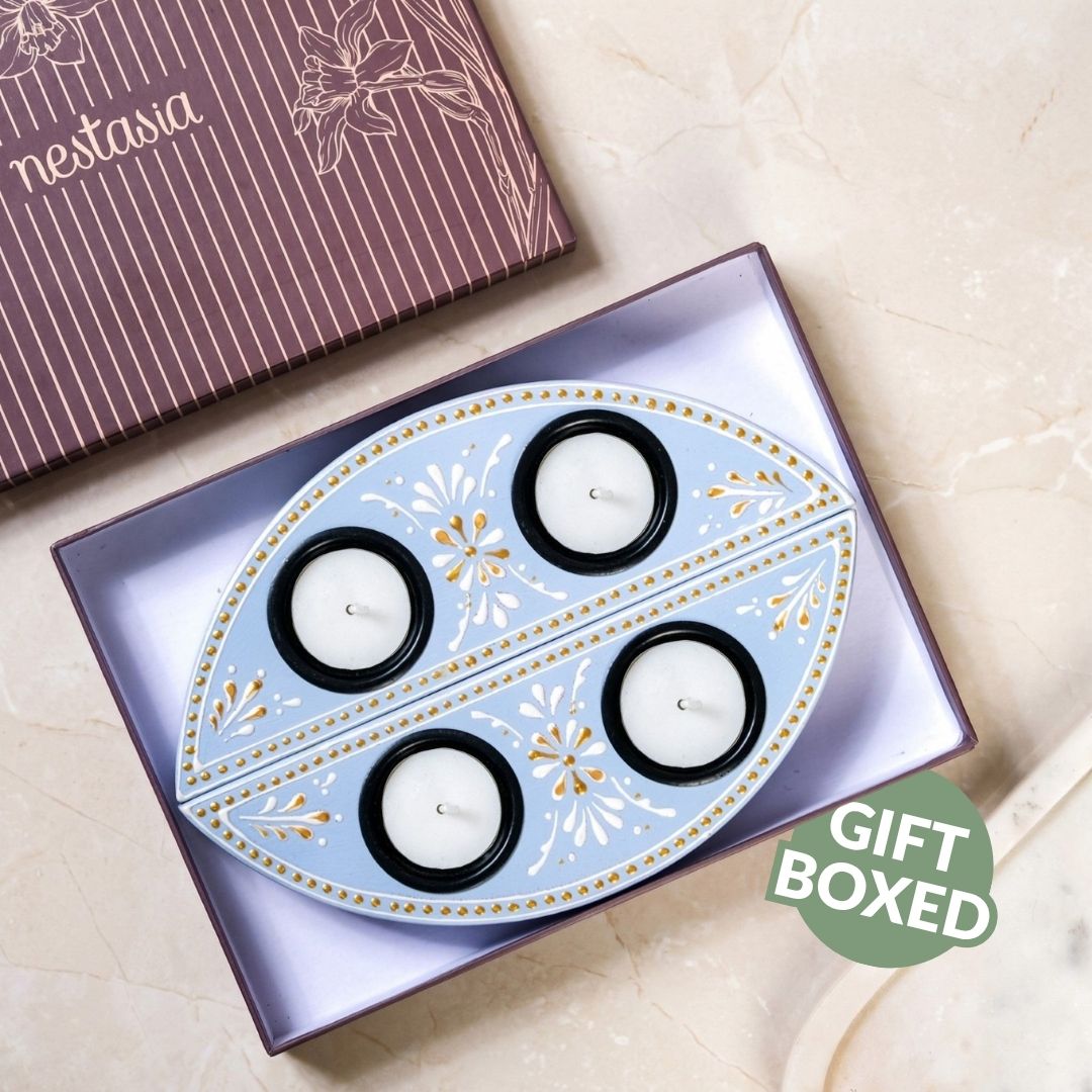 Linea Wooden Tealight Holder Blue Set Of 2 Nestasia