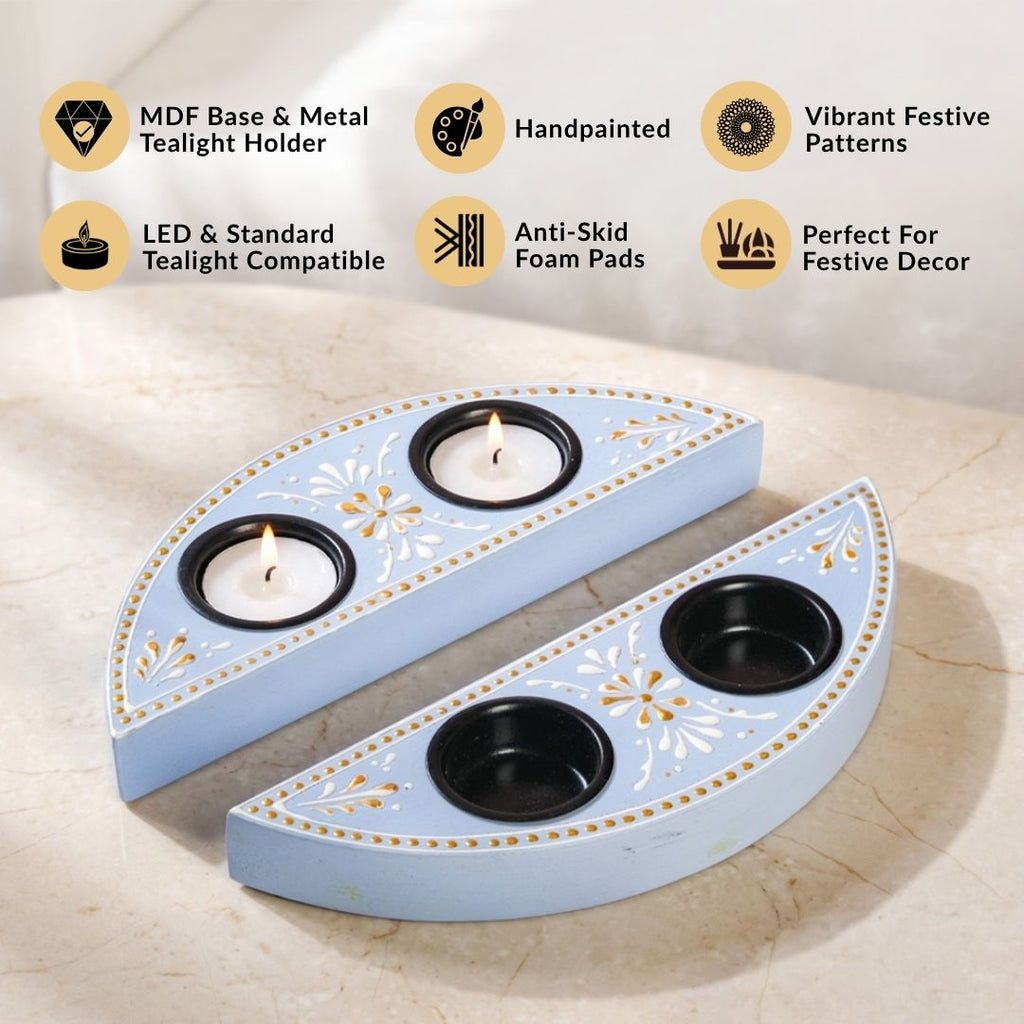Linea Wooden Tealight Holder Blue Set Of 2 Nestasia