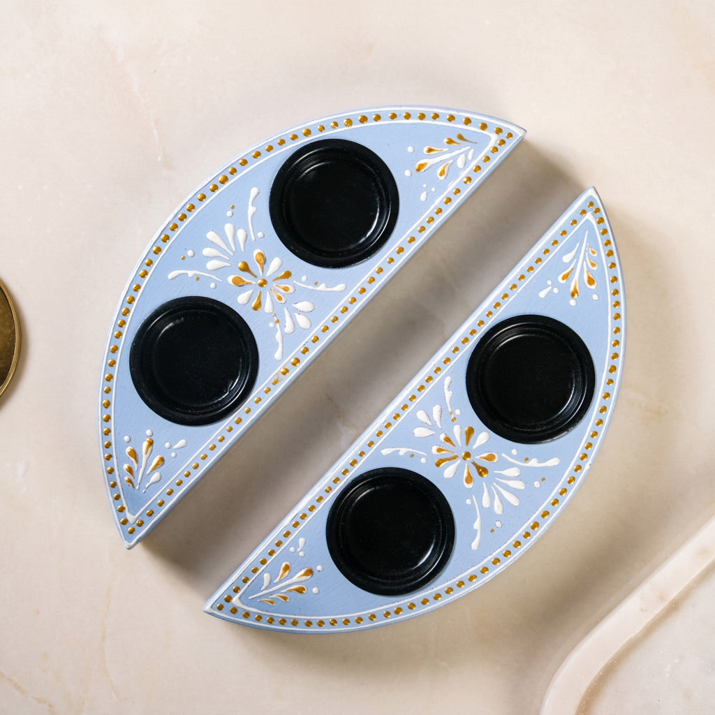 Linea Wooden Tealight Holder Blue Set Of 2 Nestasia