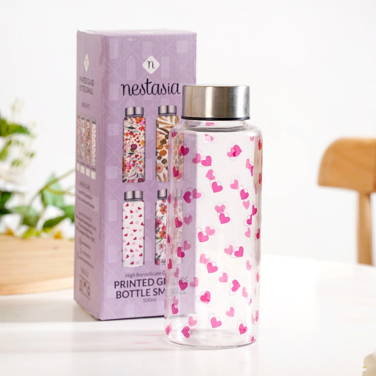 Little Hearts Glass Water Bottle 500ml Nestasia