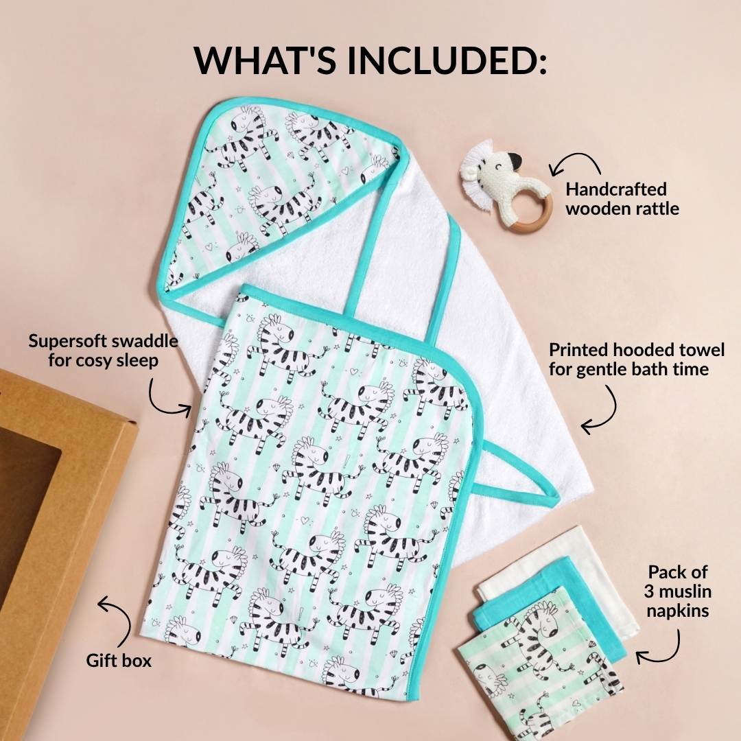 Zebra Baby Hamper With Swaddle Towel Napkin Rattle Set Of 6 Nestasia