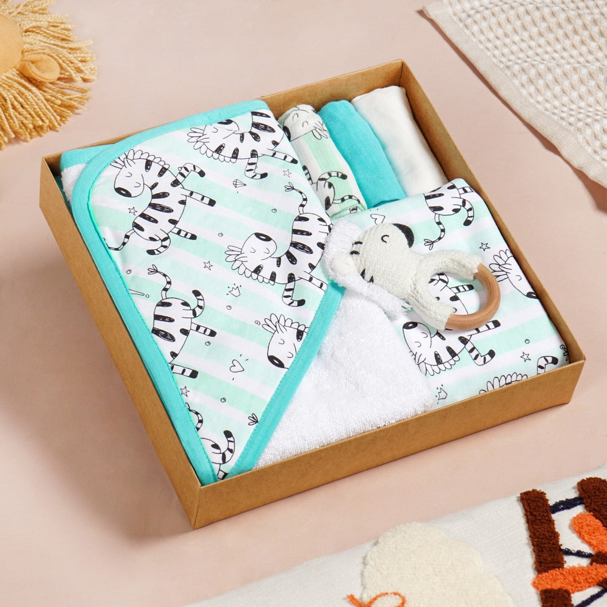 Zebra Baby Hamper With Swaddle Towel Napkin Rattle Set Of 6 Nestasia