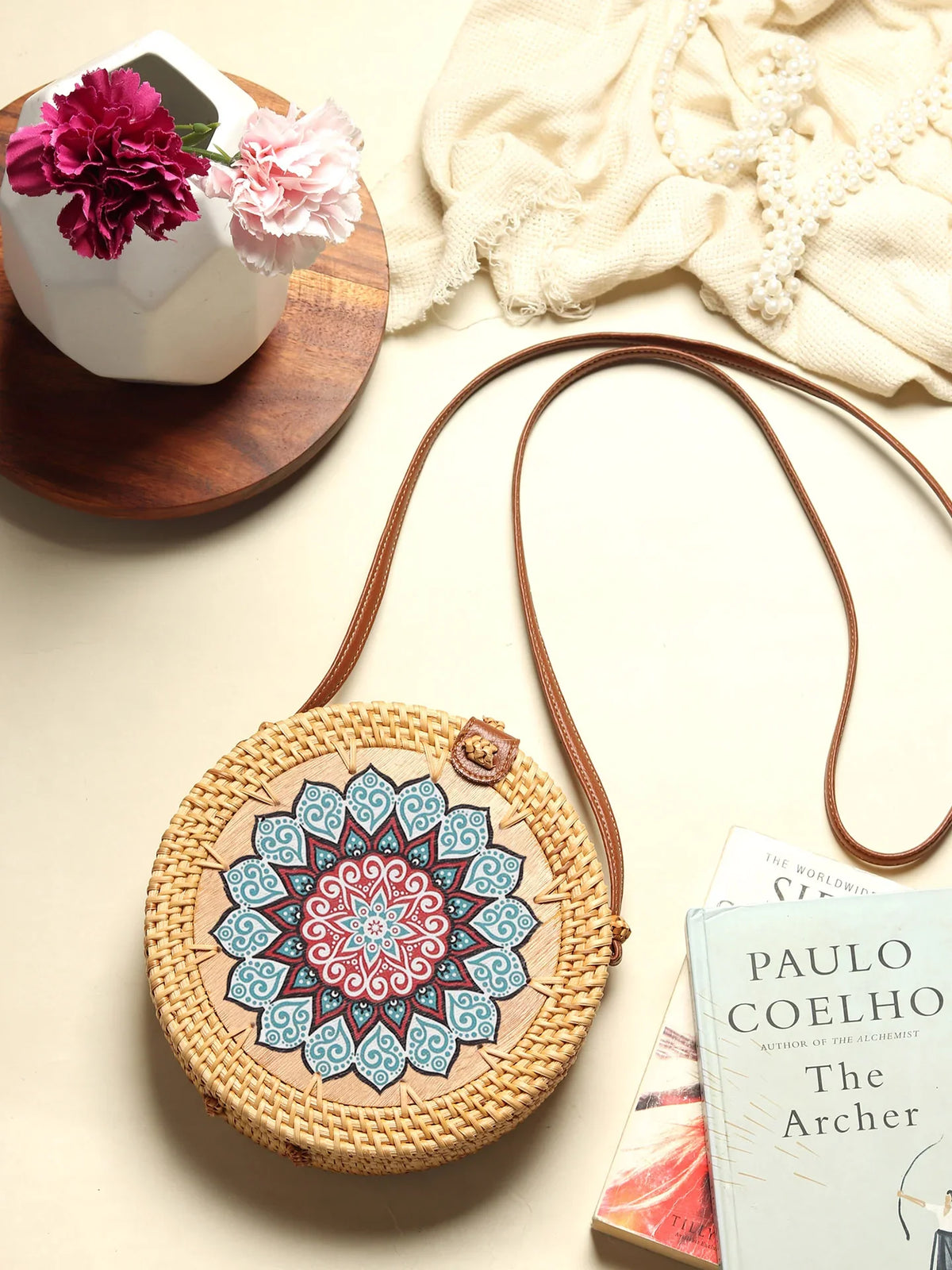 Handwoven Round Rattan Sling Bag for Beach, Travel, and Casual Outfits