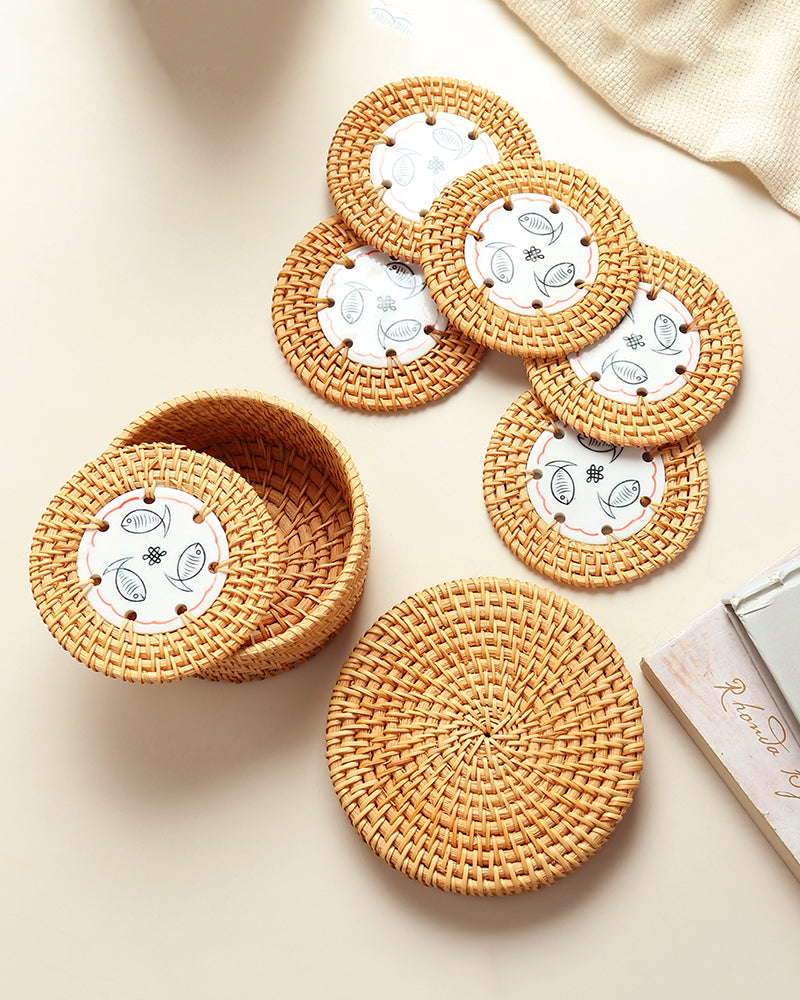 Set of 6 Rattan Coasters with Organizer Box for Tea, Coffee, and Table Decoration