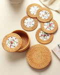 Decorative Rattan Coaster Set of 6 with Storage Holder for Drinks and Home Use