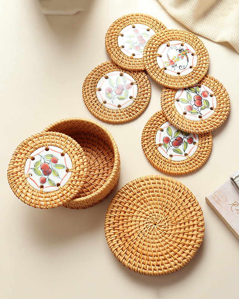 Decorative Rattan Coaster Set of 6 with Storage Holder for Drinks and Home Use