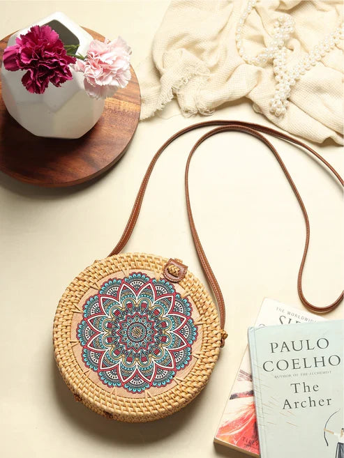 Handwoven Round Rattan Sling Bag for Beach Trips, Travel, and Casual Wear