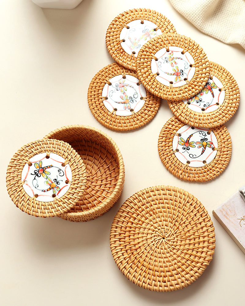 Elegant Set of 6 Rattan Coasters with Storage Box for Home, Office, and Table Decor