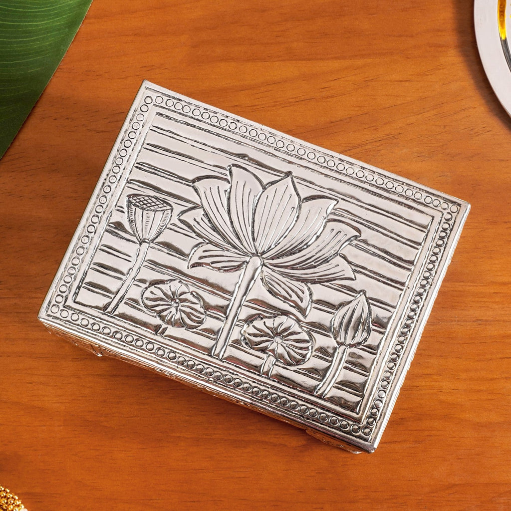 Lotus Design Pure Brass Puja Chowki With Silver Polish 20x15cm Nestasia