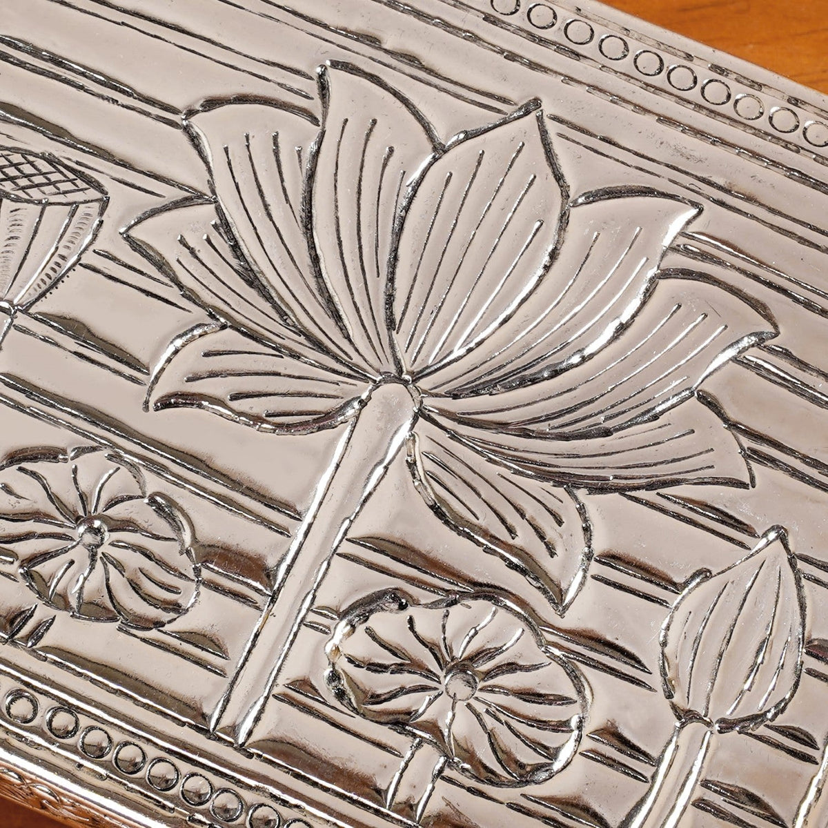 Lotus Design Pure Brass Puja Chowki With Silver Polish 20x15cm Nestasia