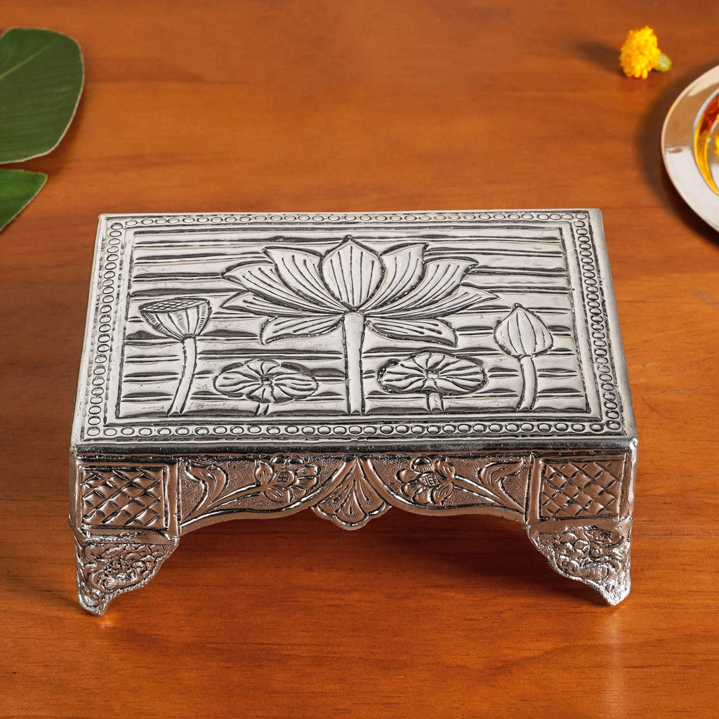 Lotus Design Pure Brass Puja Chowki With Silver Polish 20x15cm Nestasia