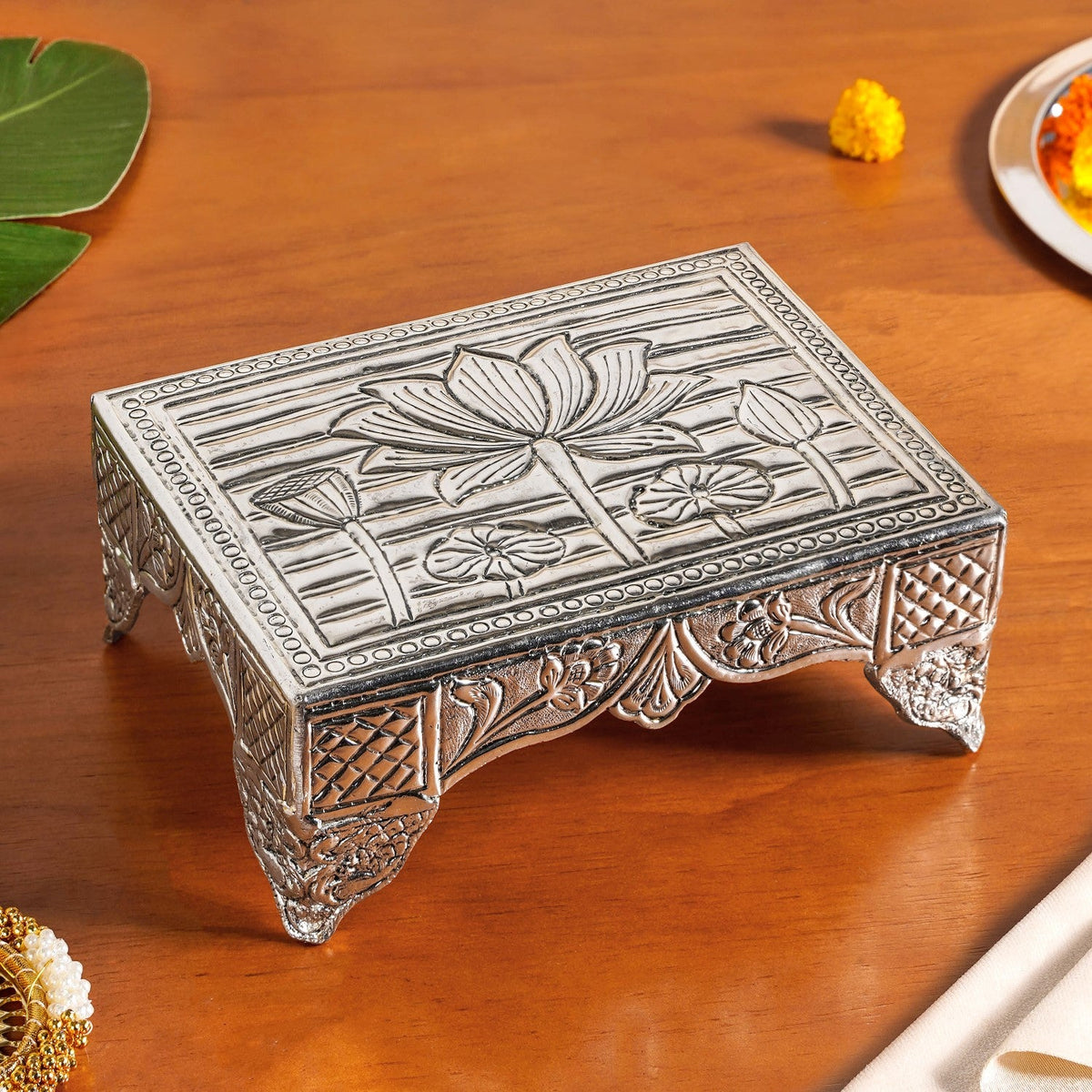 Lotus Design Pure Brass Puja Chowki With Silver Polish 20x15cm Nestasia