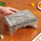 Lotus Design Pure Brass Puja Chowki With Silver Polish 20x15cm Nestasia
