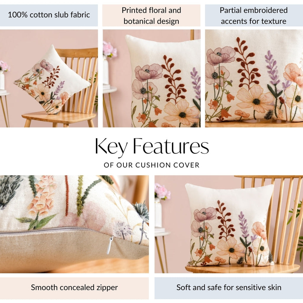 Lush Botanica Embroidered Cotton Slub Cushion Cover 40x40cm Nestasia