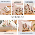 Lush Botanica Embroidered Cotton Slub Cushion Cover 40x40cm Nestasia
