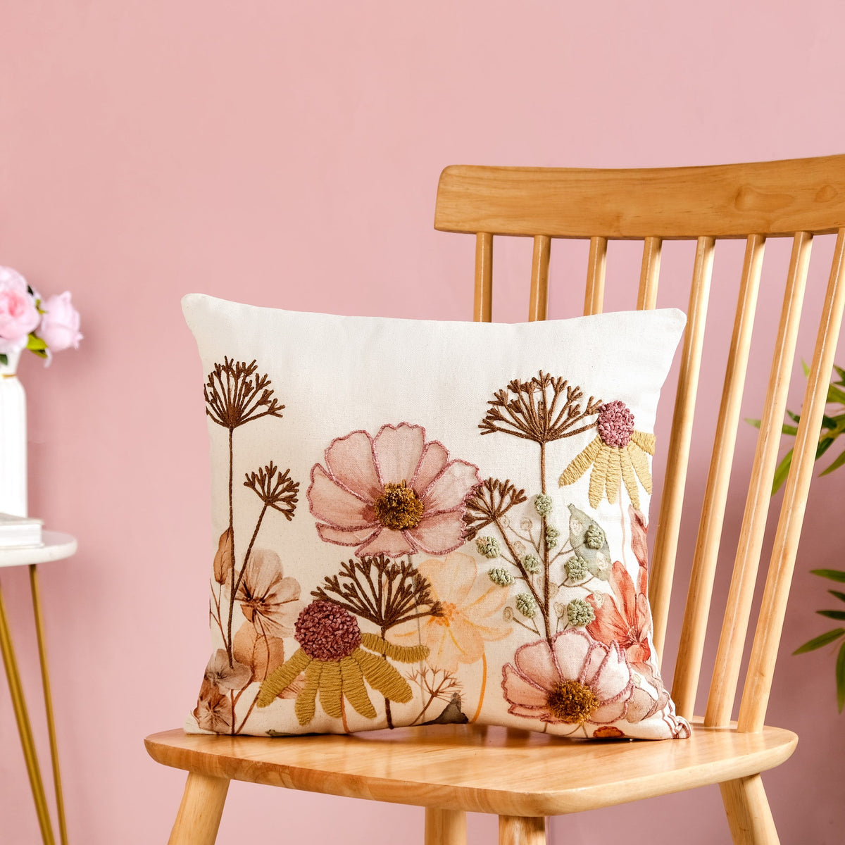 Botanical Embroidered Cotton Slub Cushion Cover 40x40cm Nestasia