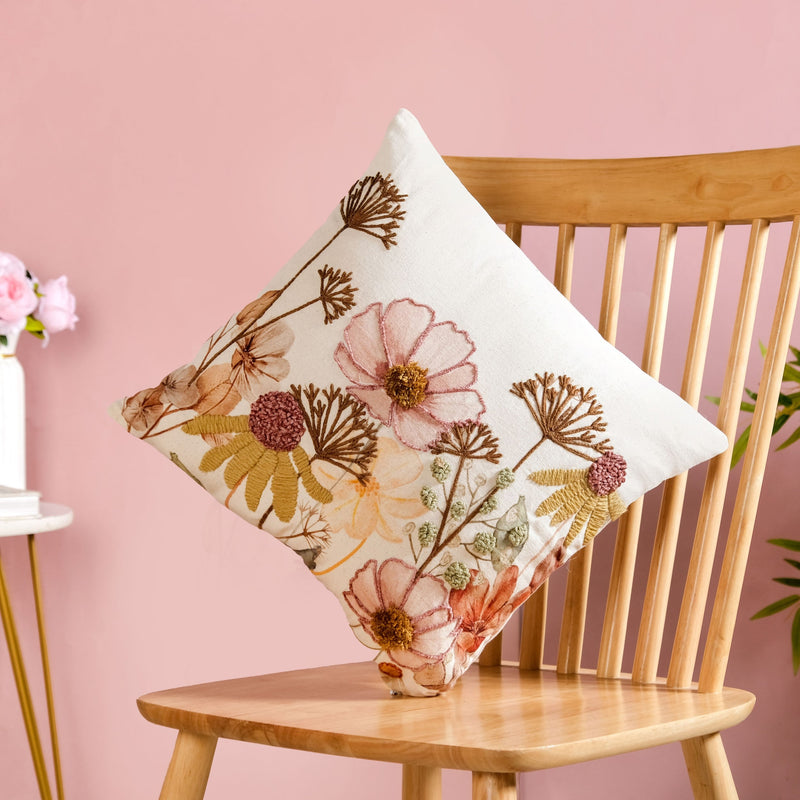 Botanical Embroidered Cotton Slub Cushion Cover 40x40cm Nestasia
