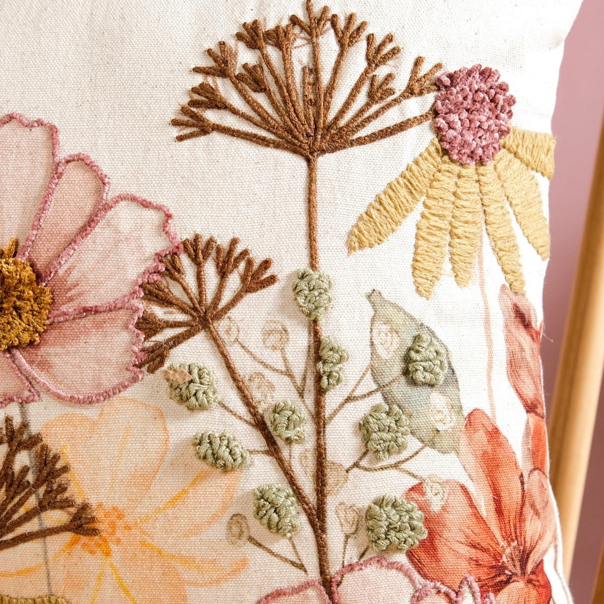 Botanical Embroidered Cotton Slub Cushion Cover 40x40cm Nestasia