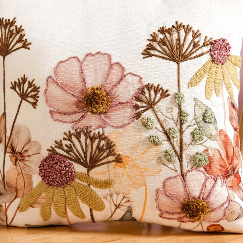 Botanical Embroidered Cotton Slub Cushion Cover 40x40cm Nestasia
