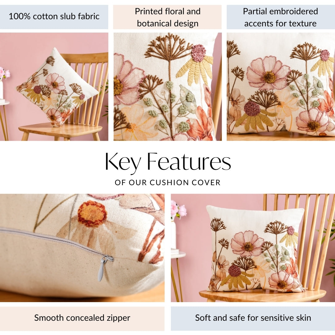 Botanical Embroidered Cotton Slub Cushion Cover 40x40cm Nestasia