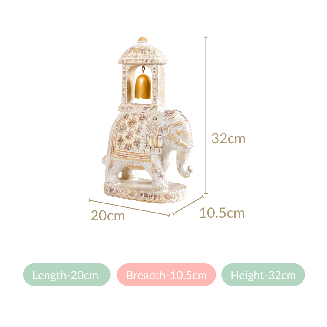 Decorated Elephant With Gold Bell Showpiece White Nestasia