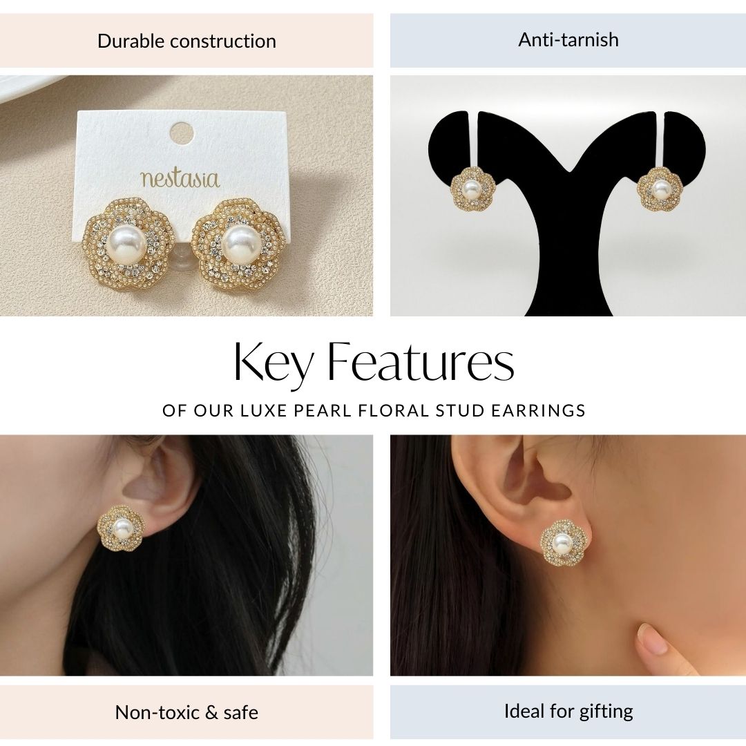 Luxe Pearl Floral Stud Earrings Nestasia