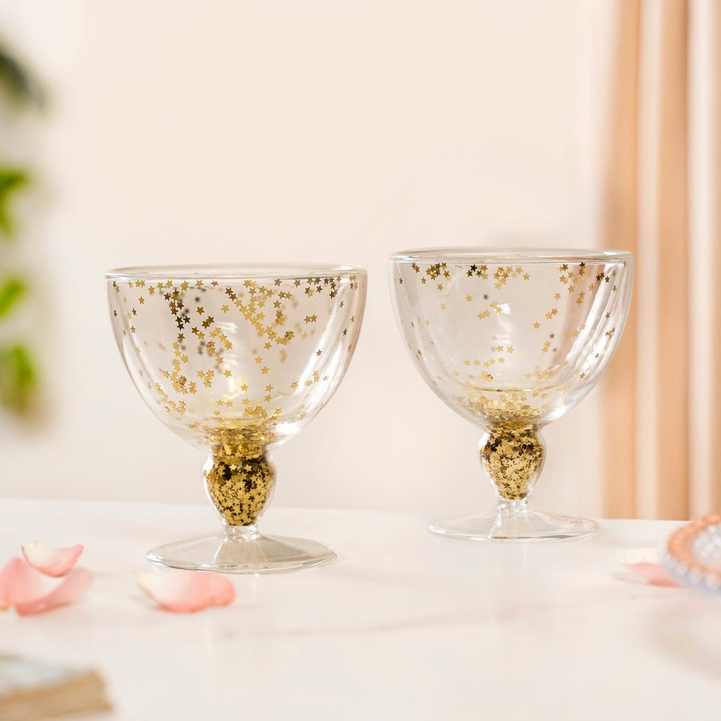 Set Of 2 Gold Confetti Filled Double Walled Wine Glass Goblet 250ml Nestasia