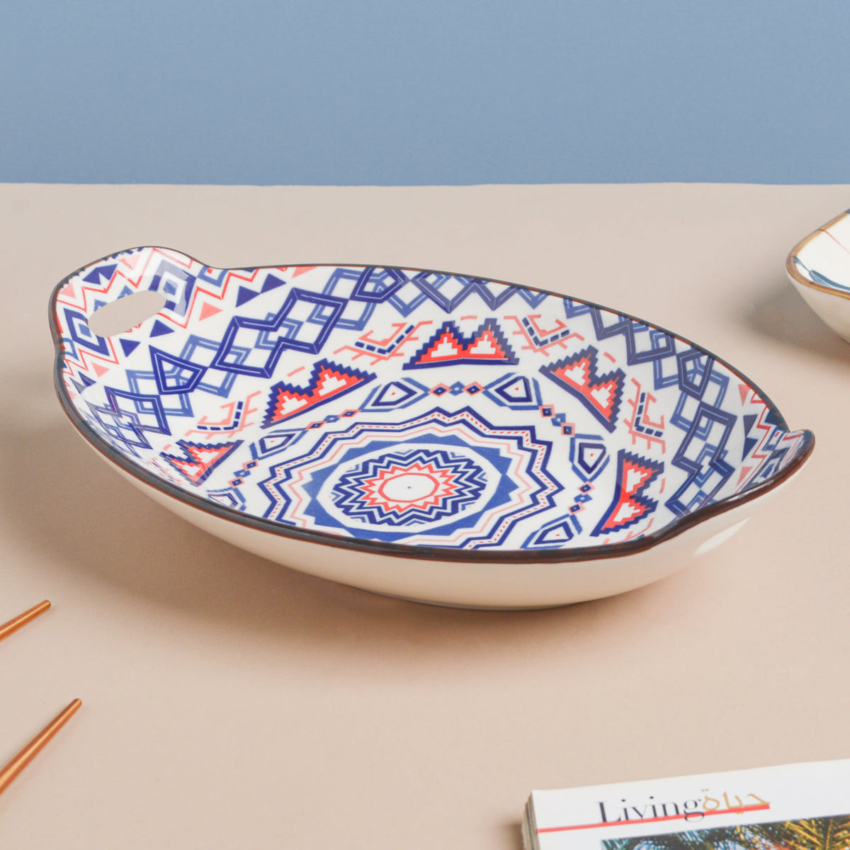 Mandala Blue Ceramic Baking Plate With Handle Nestasia