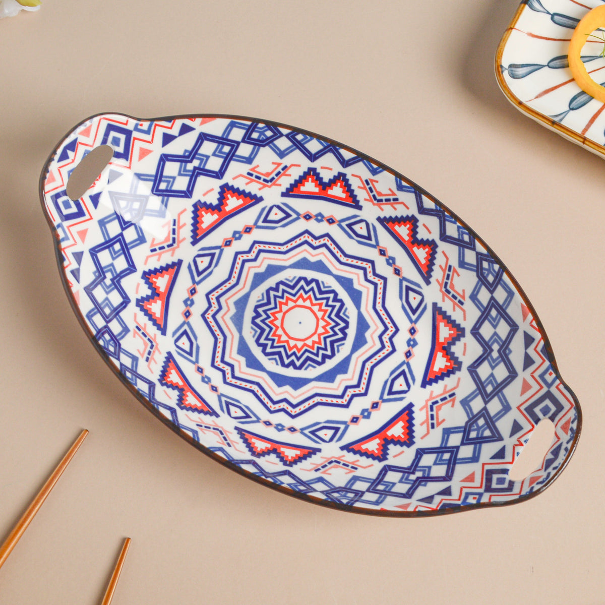 Mandala Blue Ceramic Baking Plate With Handle Nestasia