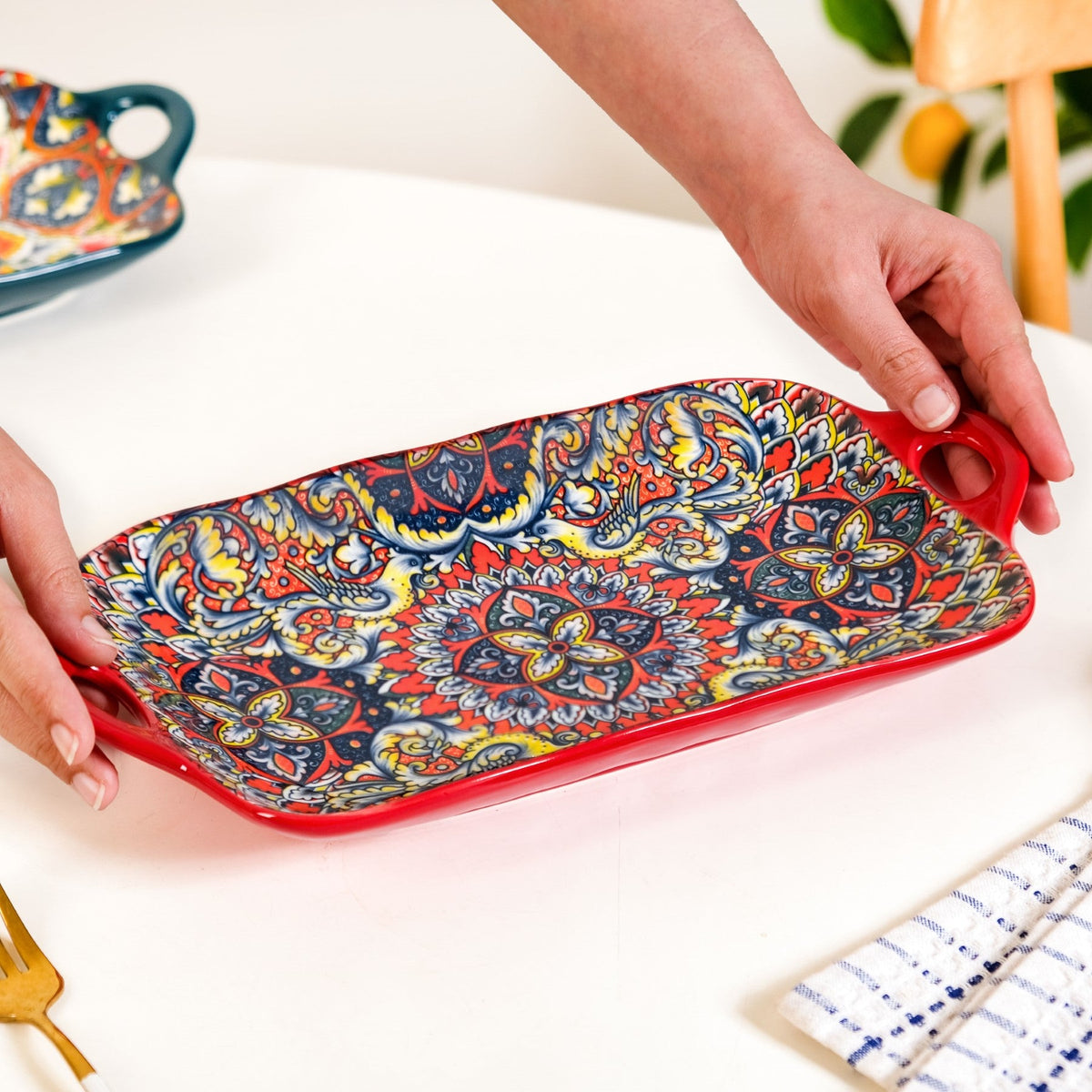 Mandala Melange Long Platter Dish Red Nestasia
