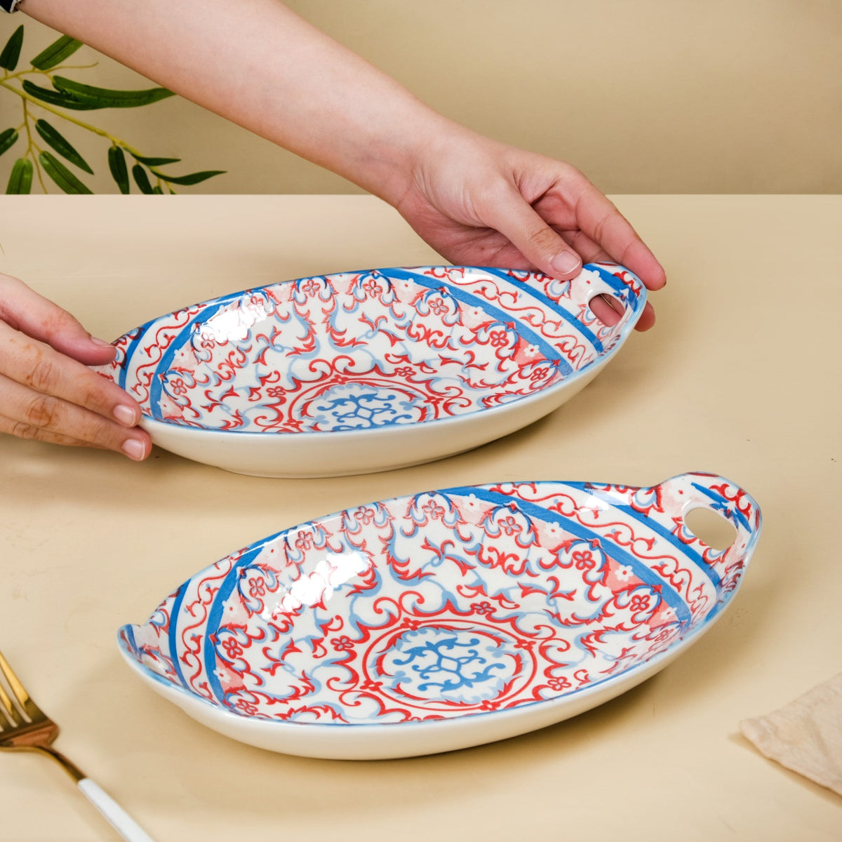 Mandala Long Dish Red And Blue Set Of 2 Nestasia