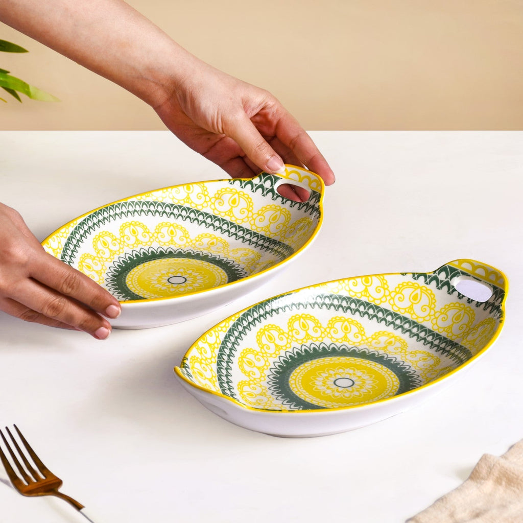 Yellow And Green Mandala Ceramic Platter Set Of 2 Nestasia