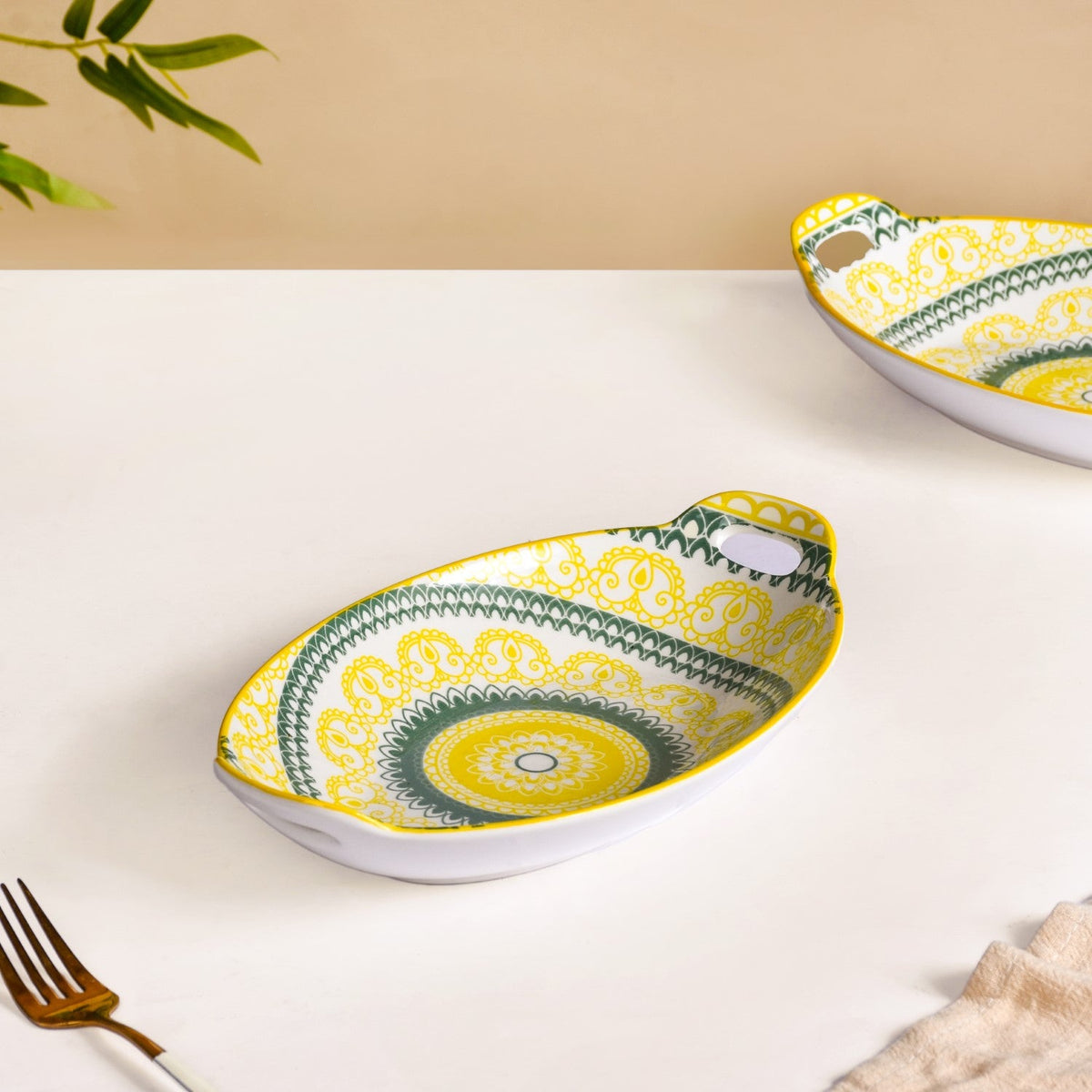 Yellow And Green Mandala Ceramic Platter Set Of 2 Nestasia